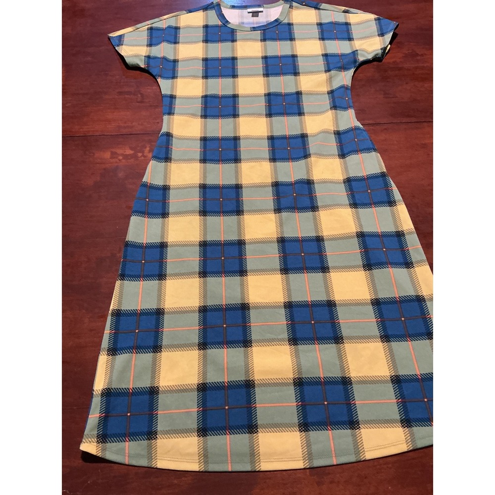 LuLaRoe Julia Dress XS Yellow Green Blue Plaid Short Sleeve T-Shirt Shift Dress